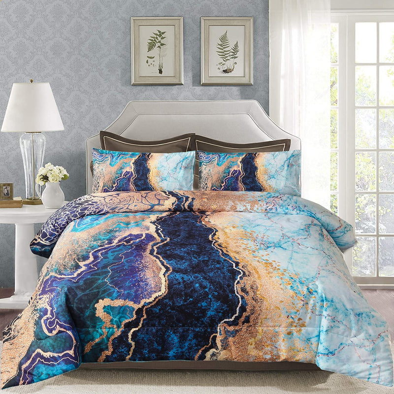Blue & Gold Marble Bed Set