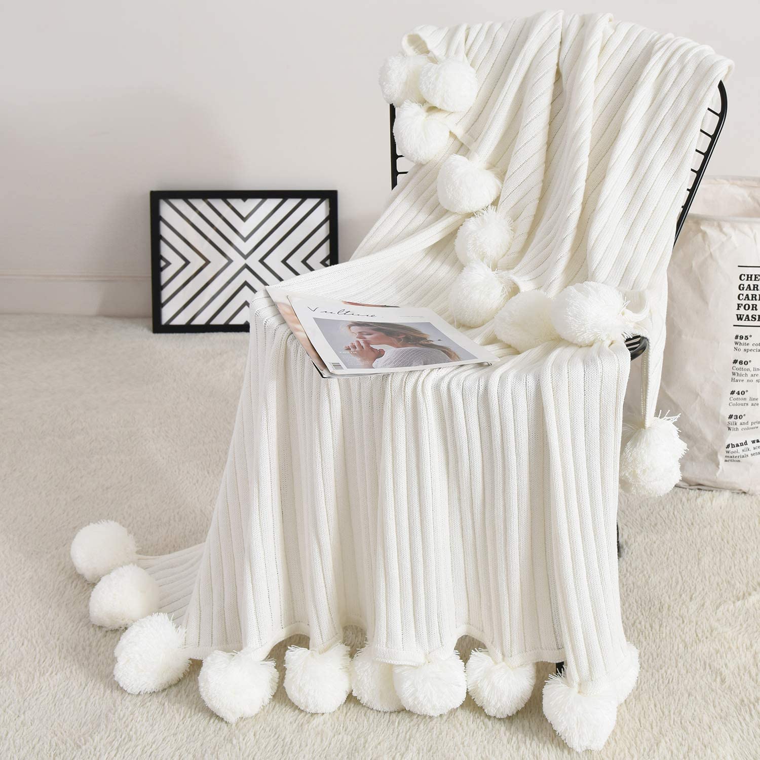 Pom Pom White Cotton Blanket