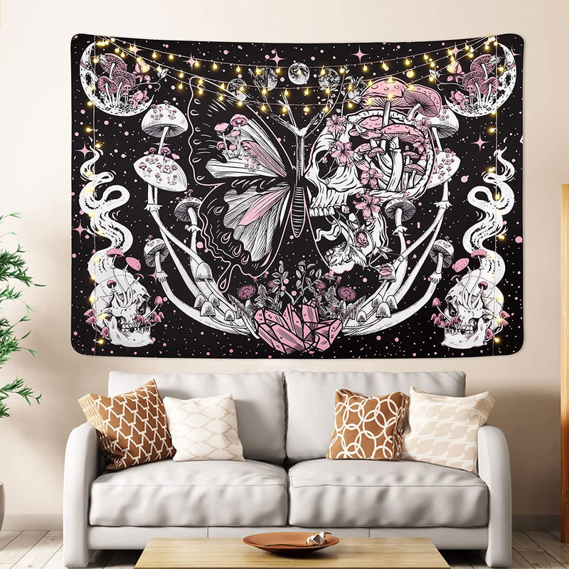Pink Mushroom Skull Tapestry