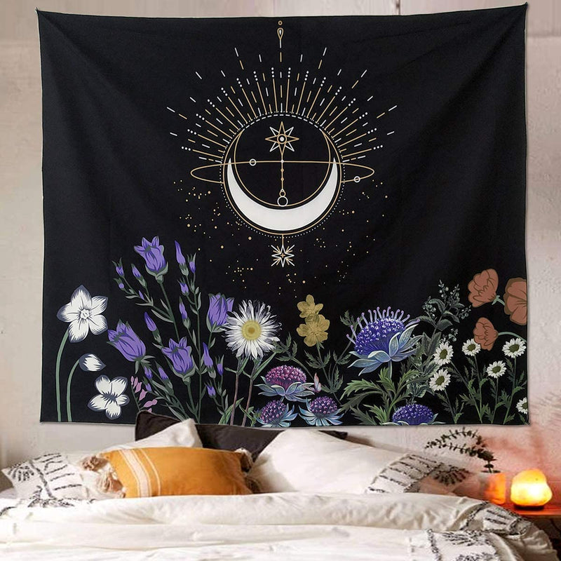 Floral Crescent Moon Tapestry