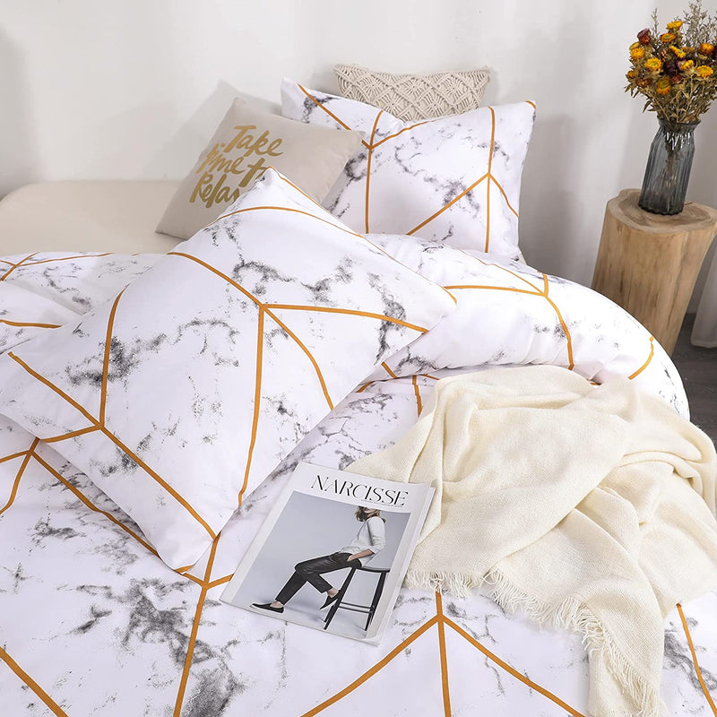 White Geometric Marble Bed Set