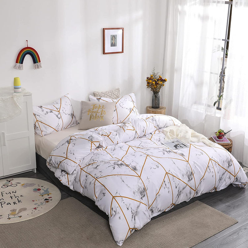 White Geometric Marble Bed Set