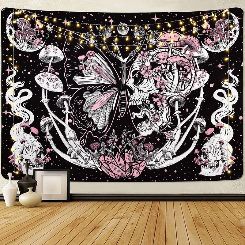 Pink Mushroom Skull Tapestry